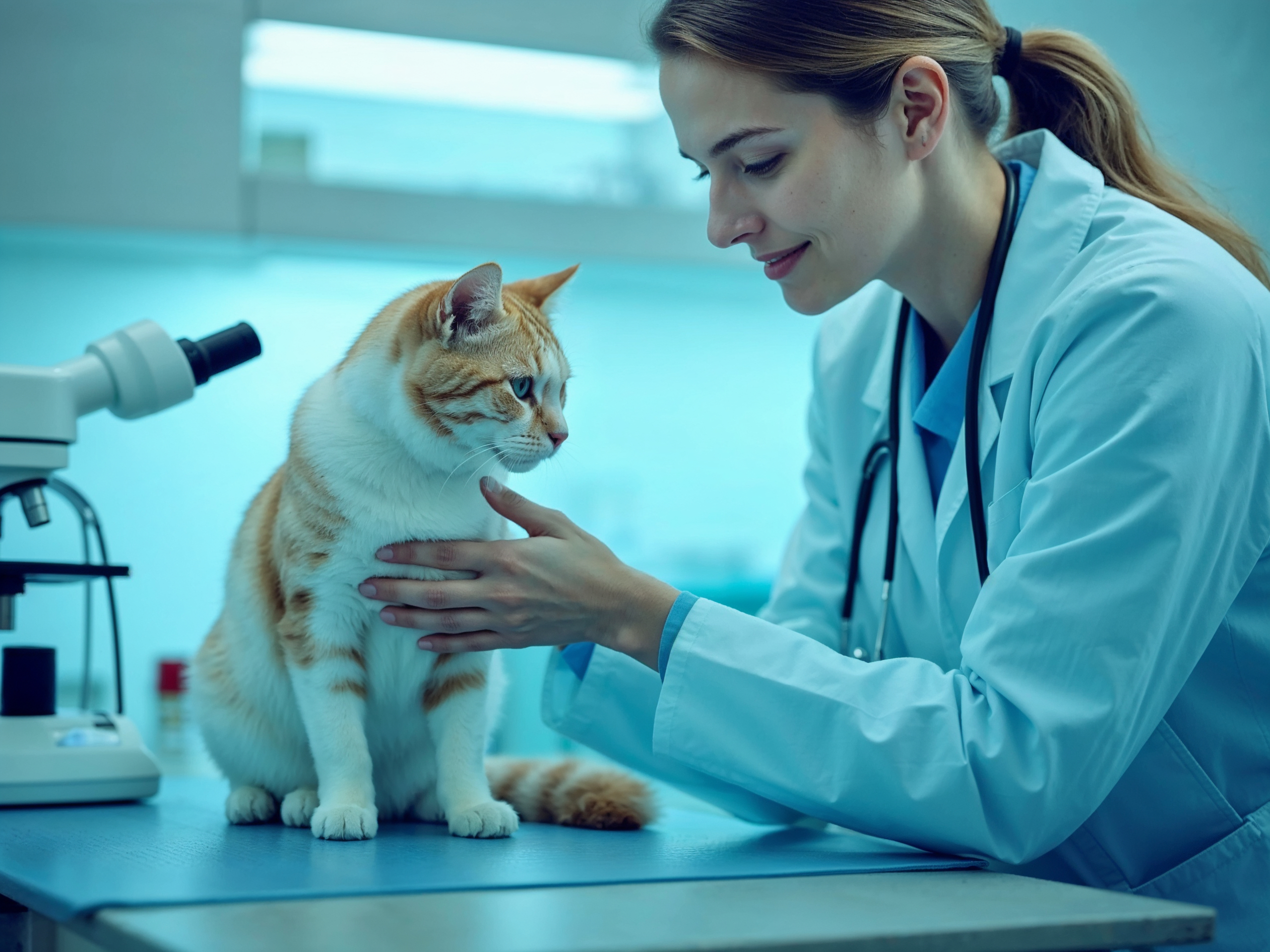 Veterinaria examinando a un cachorro en un laboratorio moderno